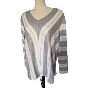 MissLook Striped V Neck Sweater Sz XL (Unsized) Grey White Flowy Blouse